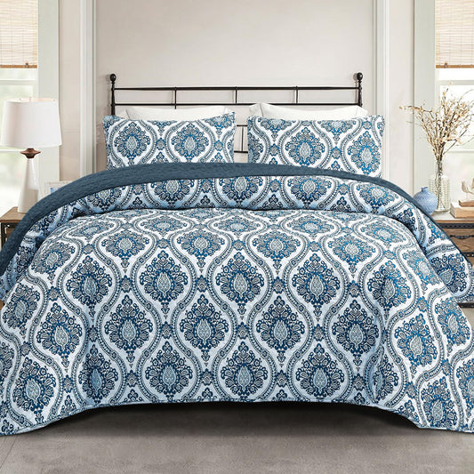 Exclusivo Mezcla Reversible Boho California King Quilt, Blue Soft Bedspreads Lightweight Coverlet All Season Damask Quilts Bedding Set with Printed Floral Pattern (1 Quilt, 2 Pillow Shams)
