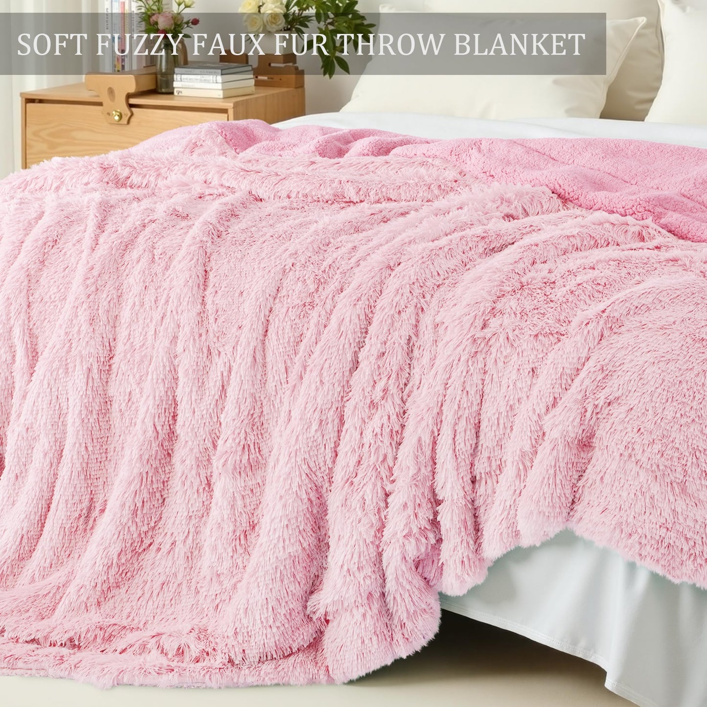 Exclusivo Mezcla Fuzzy Faux Fur Bed Blanket Queen Size, Reversible Shaggy Sherpa Fleece Blankets, Fluffy Plush Warm Throws for Couch, Bed, 90X90 Inches, Dusty Pink