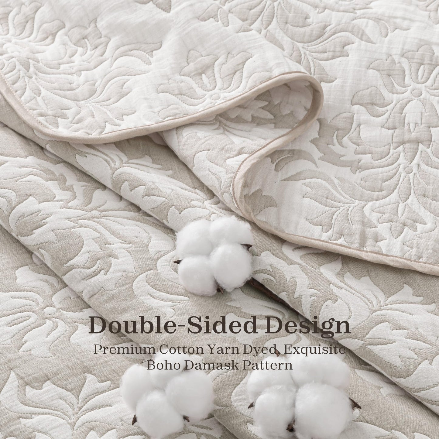 Exclusivo Mezcla Cotton Muslin Quilts King Size Beige, Soft Breathable Bedspread Lightweight Prewashed Bed Coverlet With 2 Pillow Shams, Boho Pattern Yarn Dyed Quilt Bedding Set for All Seasons