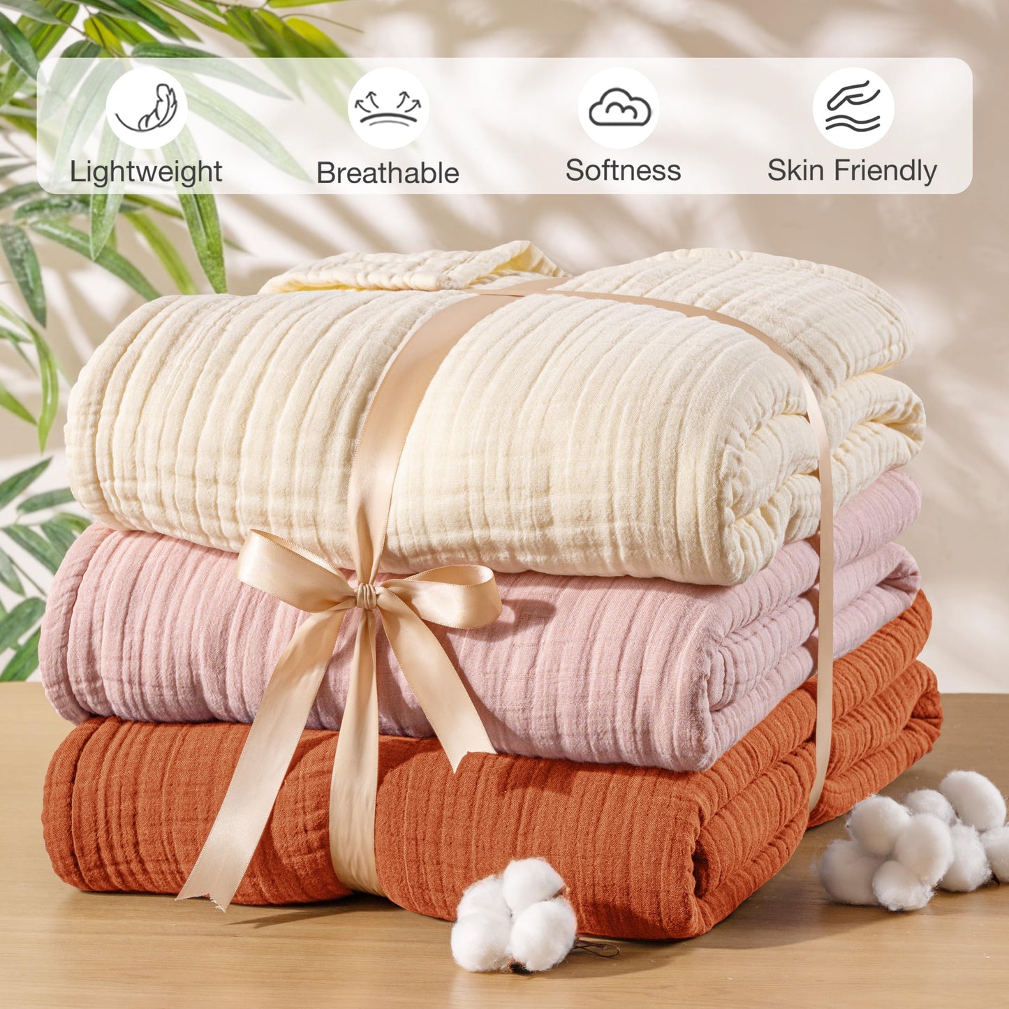Exclusivo Mezcla 100% Cotton Muslin Throw Blanket 50"x70",6 Layers Breathable and Lightweight Burnt Orange Gauze Blankets