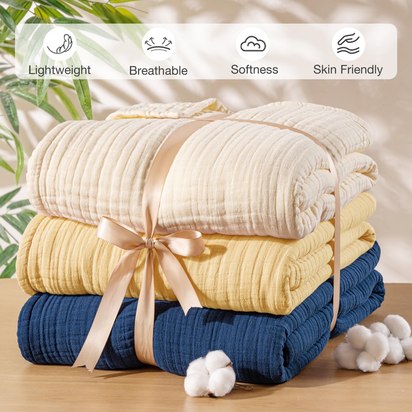 Exclusivo Mezcla 100% Cotton Muslin Throw Blanket 50"x70",6 Layers Breathable and Lightweight Yellow Gauze Blankets