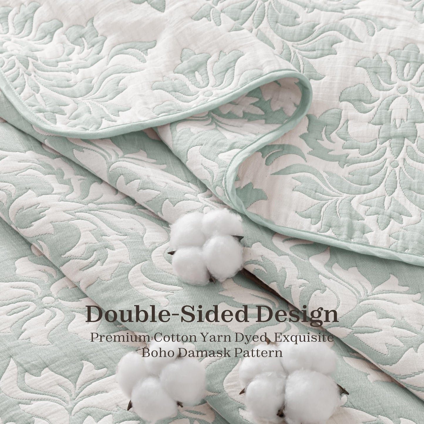 Exclusivo Mezcla Cotton Muslin Quilts Twin Size Sage Green, Soft Breathable Bedspread Lightweight Prewashed Bed Coverlet With 1 Pillow Sham, Boho Pattern Yarn Dyed Quilt Bedding Set for All Seasons