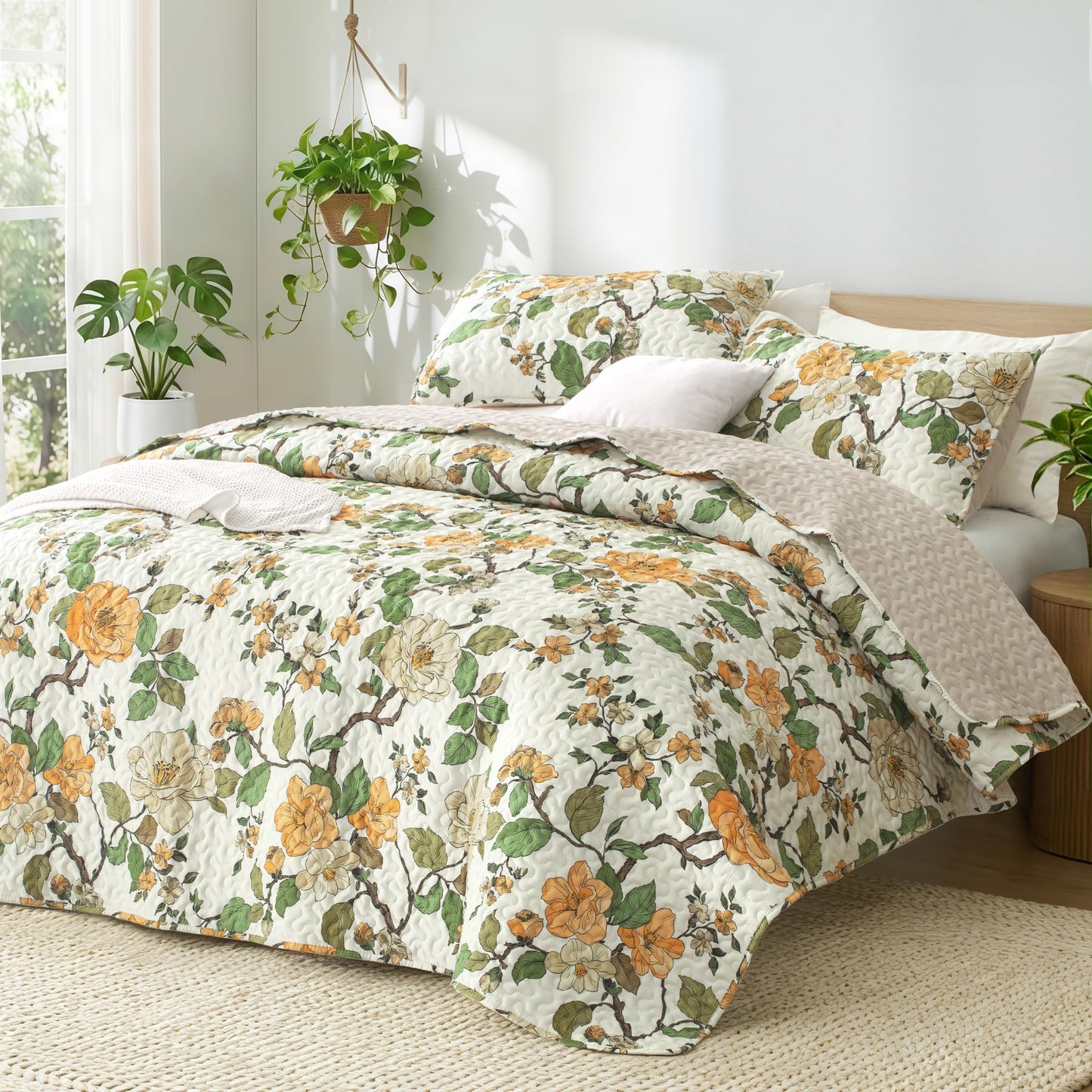 Exclusivo Mezcla Floral Quilts Queen Size, Yellow Queen Quilt Bedding set with Cottagecore Garden Pattern , Reversible Lightweight Spring Bedspreads Coverlets Bed Cover for All Seasons (92"x96"