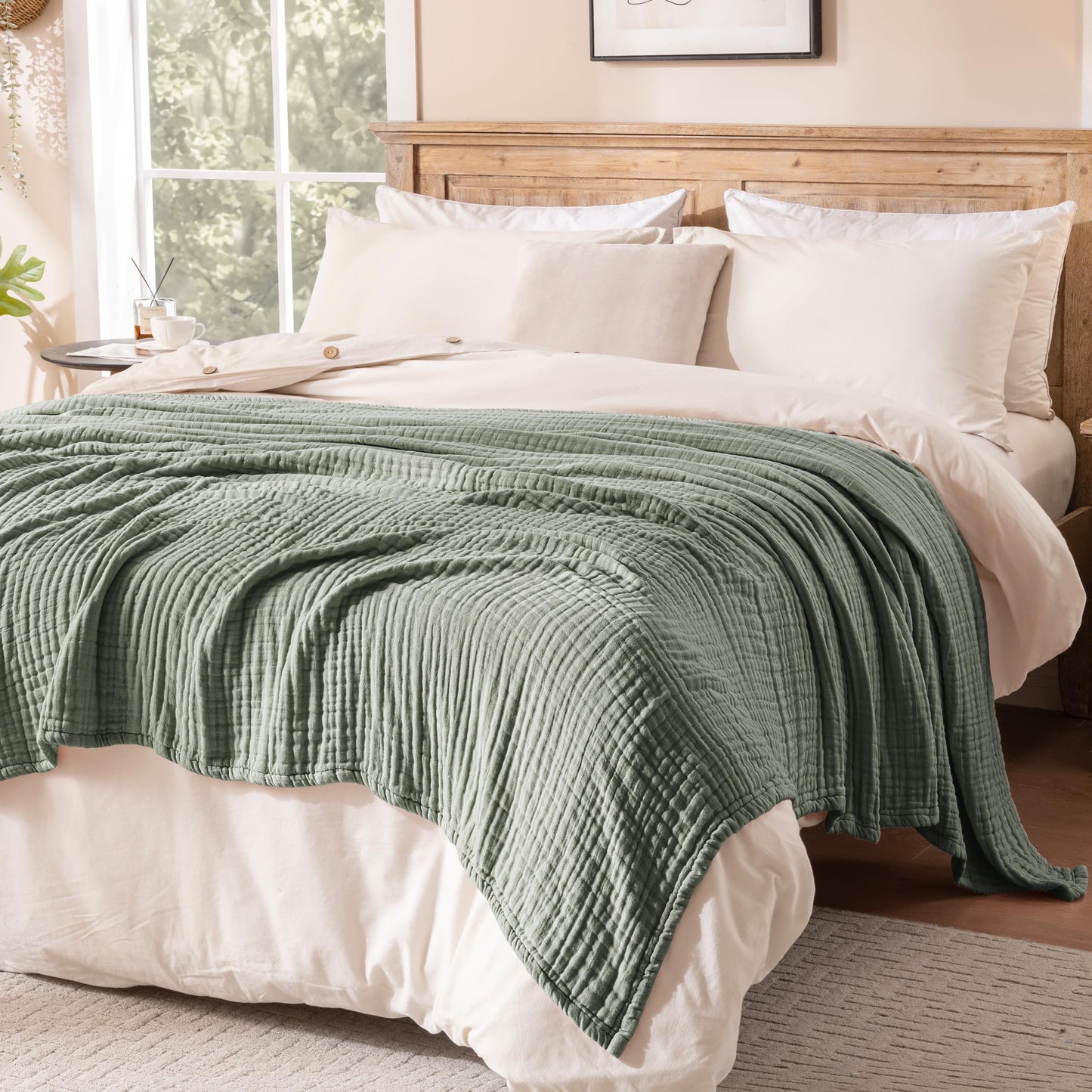 Exclusivo Mezcla 100% Cotton Muslin Twin Size Blanket 60"x80",6 Layers Breathable and Lightweight Green Gauze Blankets