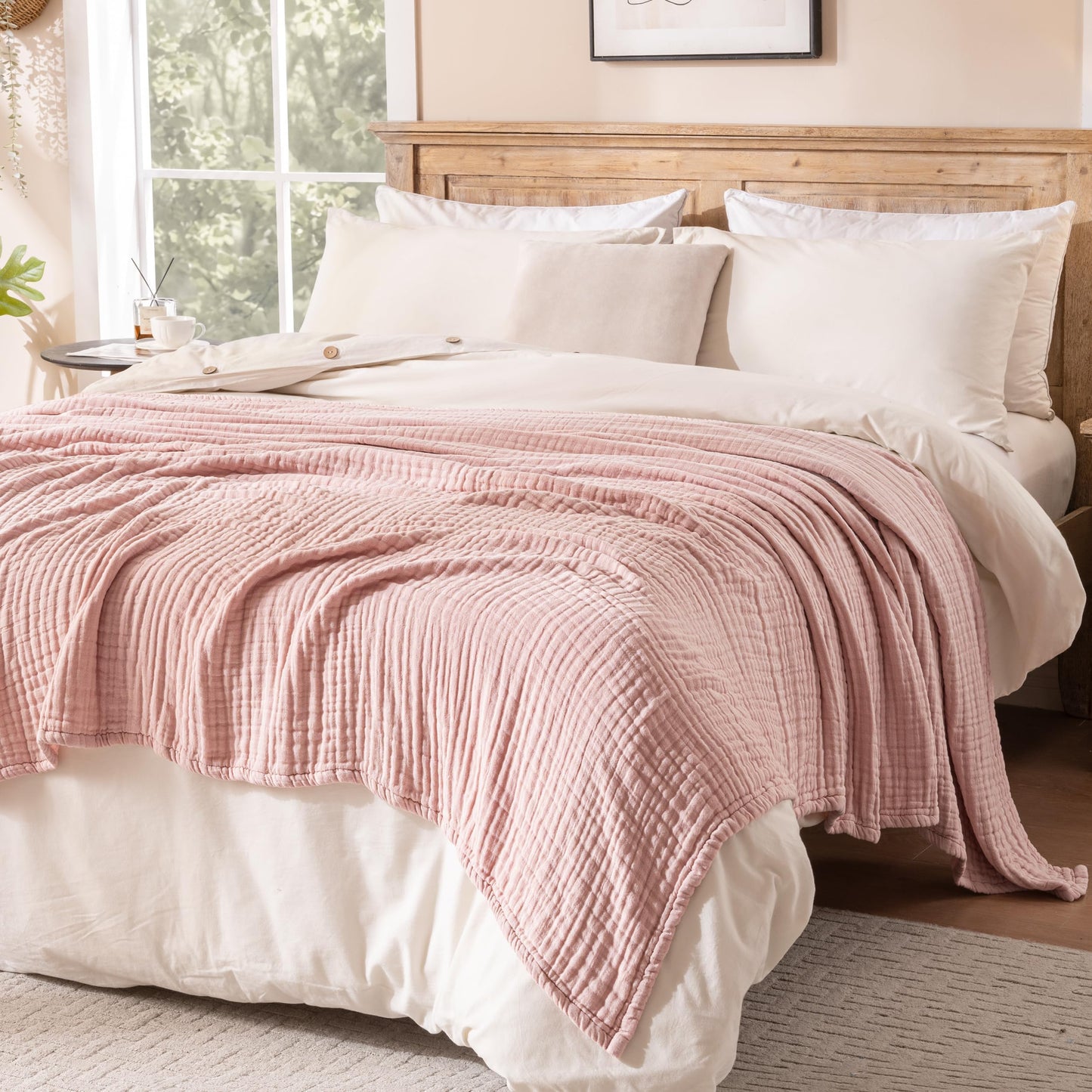 Exclusivo Mezcla 100% Cotton Muslin Twin Size Blanket 60"x80",6 Layers Breathable and Lightweight Dusty Pink Gauze Blankets