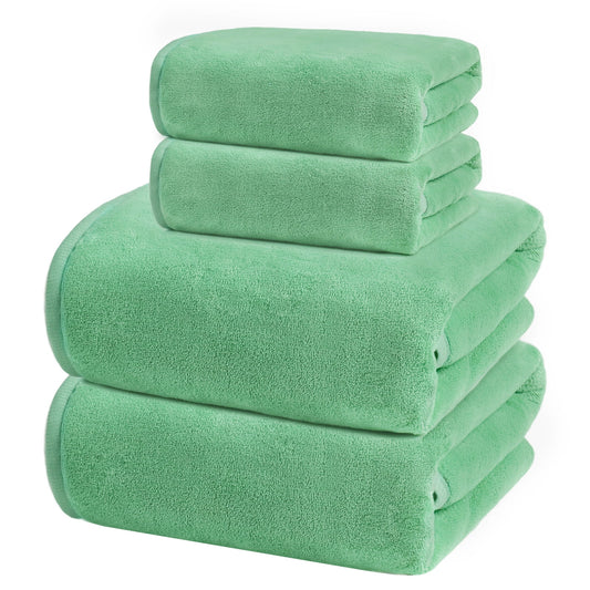 Exclusivo Mezcla 4-Piece Ultra Soft Bath Towel Set, Large Highly Absorbent Microfiber Coral Velvet Towel, Quick Drying for Body, Bathroom, Gym, Spa, 2 Bath Towels, 2 Hand Towels, Green