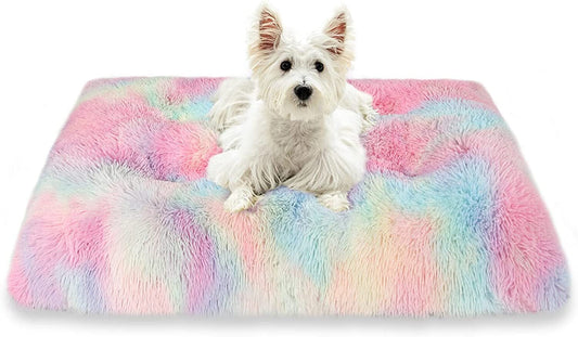 Exclusivo Mecla Soft Plush Dog Bed Crate Mat for Small Dogs (44*30*4 in), Faux Fur Fluffy Dog Pet Cat Kennel Pad with Anti-Slip Bottom, Machine Washable Rainbow
