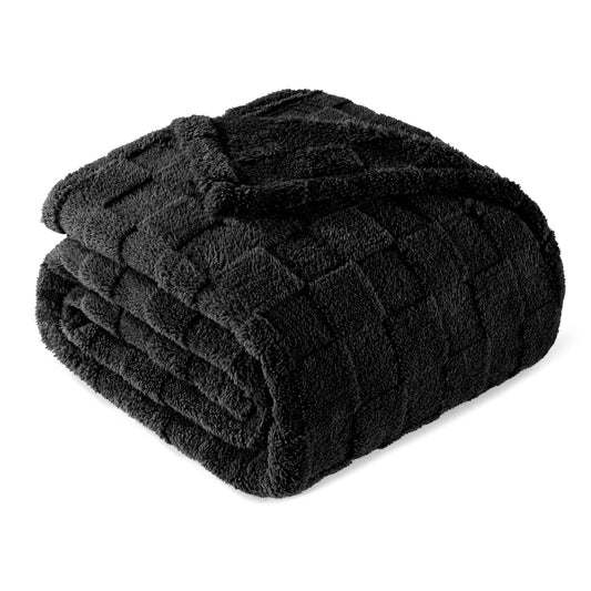 Exclusivo Mezcla Queen Size Flannel Fleece Blanket, Super Soft 3D Checkered Jacquard Bed Blanket, Cozy Fluffy Lightweight Blanket for All Seasons, 90x90 Inches, Black Blanket