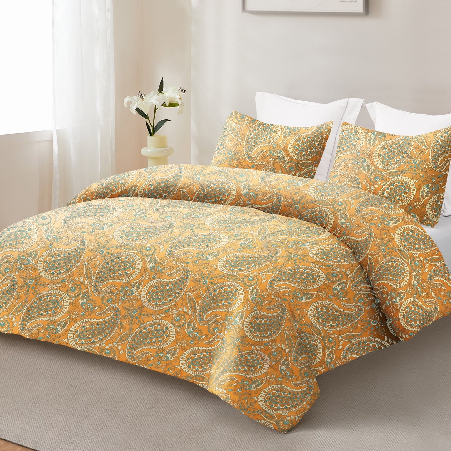 Exclusivo Mezcla 3-Piece Paisley King Size Comforter Set, Microfiber Bedding Down Alternative Comforter for All Seasons with 2 Pillow Shams, Orange