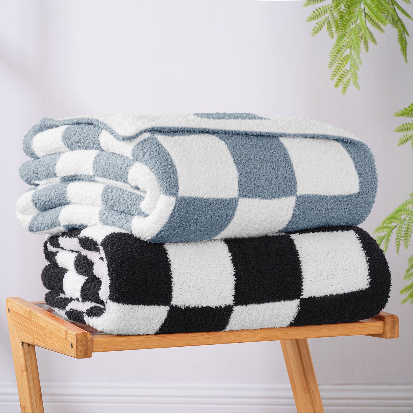 Exclusivo Mezcla Checkered Knit Blanket for Bed Queen Size, Ultra Soft Cozy Fluffy Blanket, Lightweight Fuzzy Throw for Couch and Bed, Stone Blue, 90"x90"