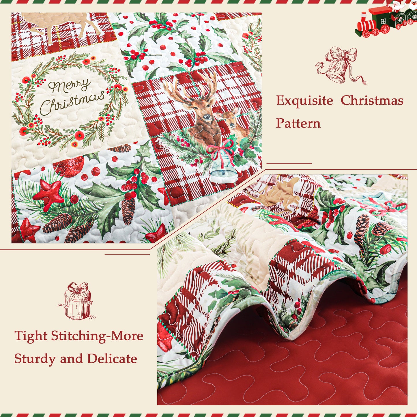 Exclusivo Mezcla Christmas Quilt King Size, Rust Red Patchwork Bedspreads Reversible Coverlets Bedding Set with Printed Reindeer Wreaths Pattern (1 Quilt, 2 Pillow Shams)