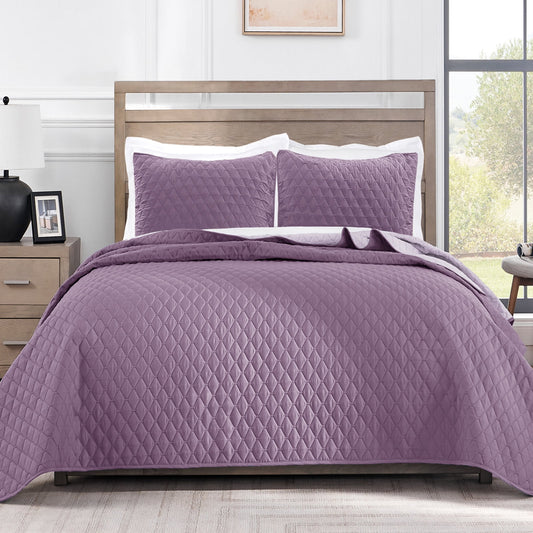Exclusivo Mezcla Ultrasonic Reversible King Size Quilt Bedding Set with Pillow Shams, Lightweight Quilts King Size, Soft Bedspreads Bed Coverlets for All Seasons - (Dusty Lavender, 104"x96")