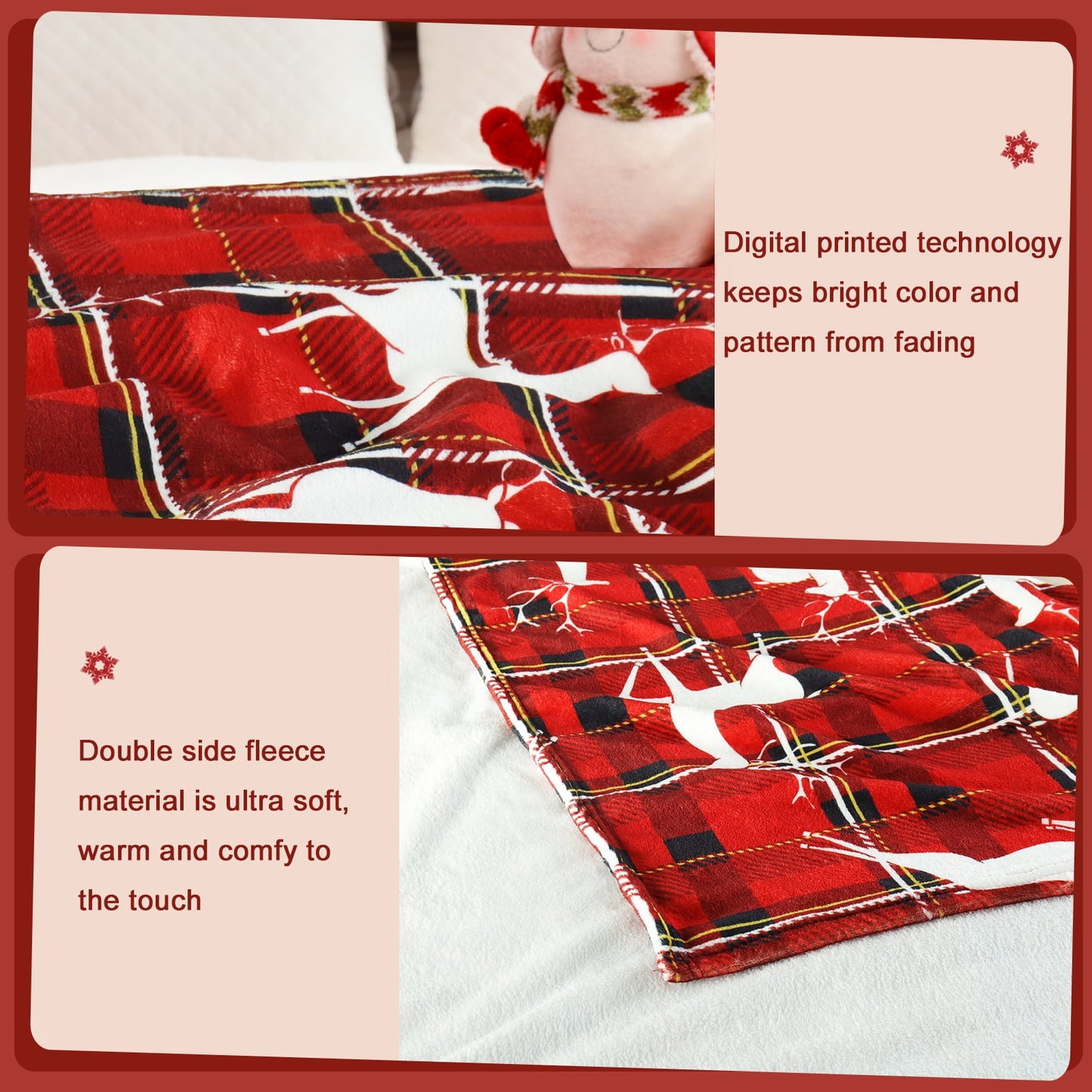 Exclusivo Mezcla Fleece Twin Blanket for Bed, Ultra Plush Christmas Holiday Printed Velvet Blankets,Lightweight and Cozy-60"x80"(Red Checkered)