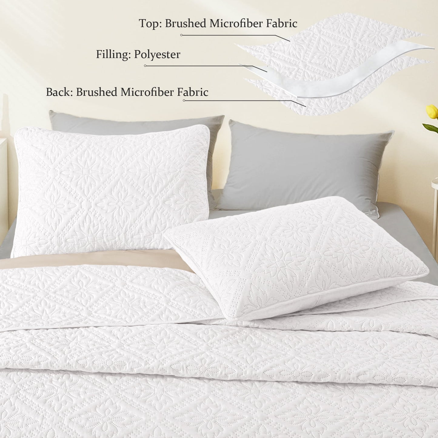Exclusivo Mezcla King Quilt Bedding Set, Lightweight Soft Bedspreads Coverlets with 2 Pillow Shams, Modern White Oversized Quilts King Size for All Seasons