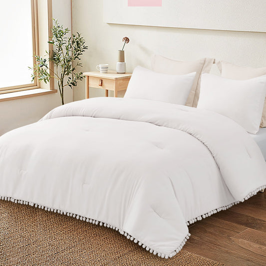 Exclusivo Mezcla Boho Pom Pom Ball Fringe Queen Comforter Set, 3 Piece White Lightweight Down Alternative Bedding Comforter Sets for All Seasons (1 Comforter and 2 Pillowcases)