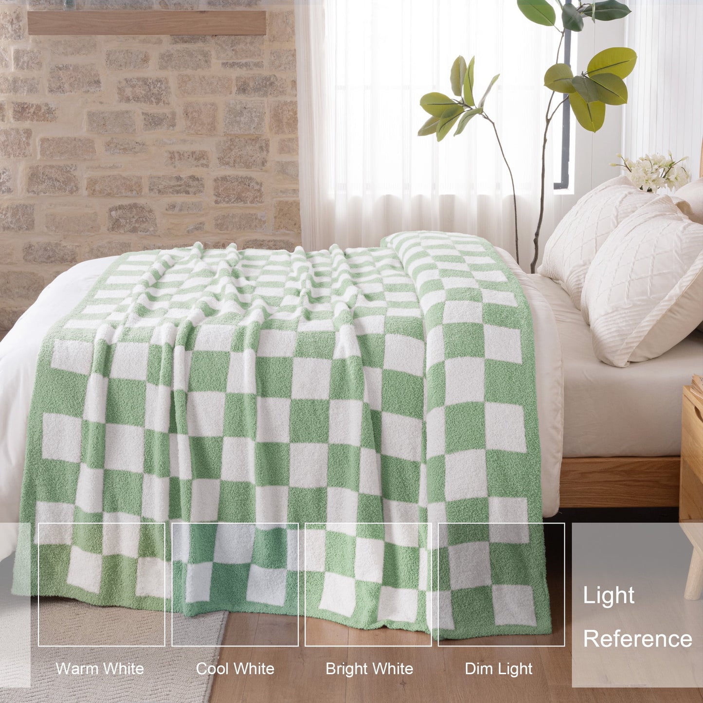 Exclusivo Mezcla Checkered Knit Blanket for Bed Queen Size, Ultra Soft Cozy Fluffy Blanket, Lightweight Fuzzy Throw for Couch and Bed, Sage Green, 90"x90"