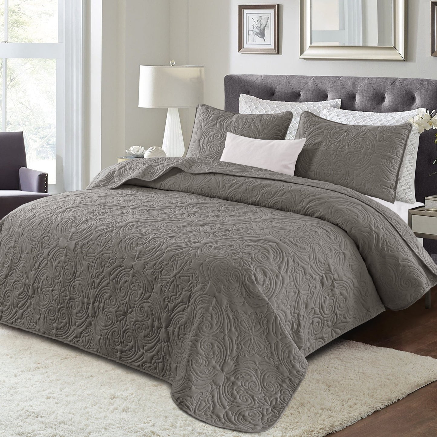 Exclusivo Mezcla Queen Quilt Bedding Set, Lightweight Vintage Queen Size Quilts with Pillow Shams, Soft Bedspreads Coverlets for All Seasons, (96"x90", Grey)