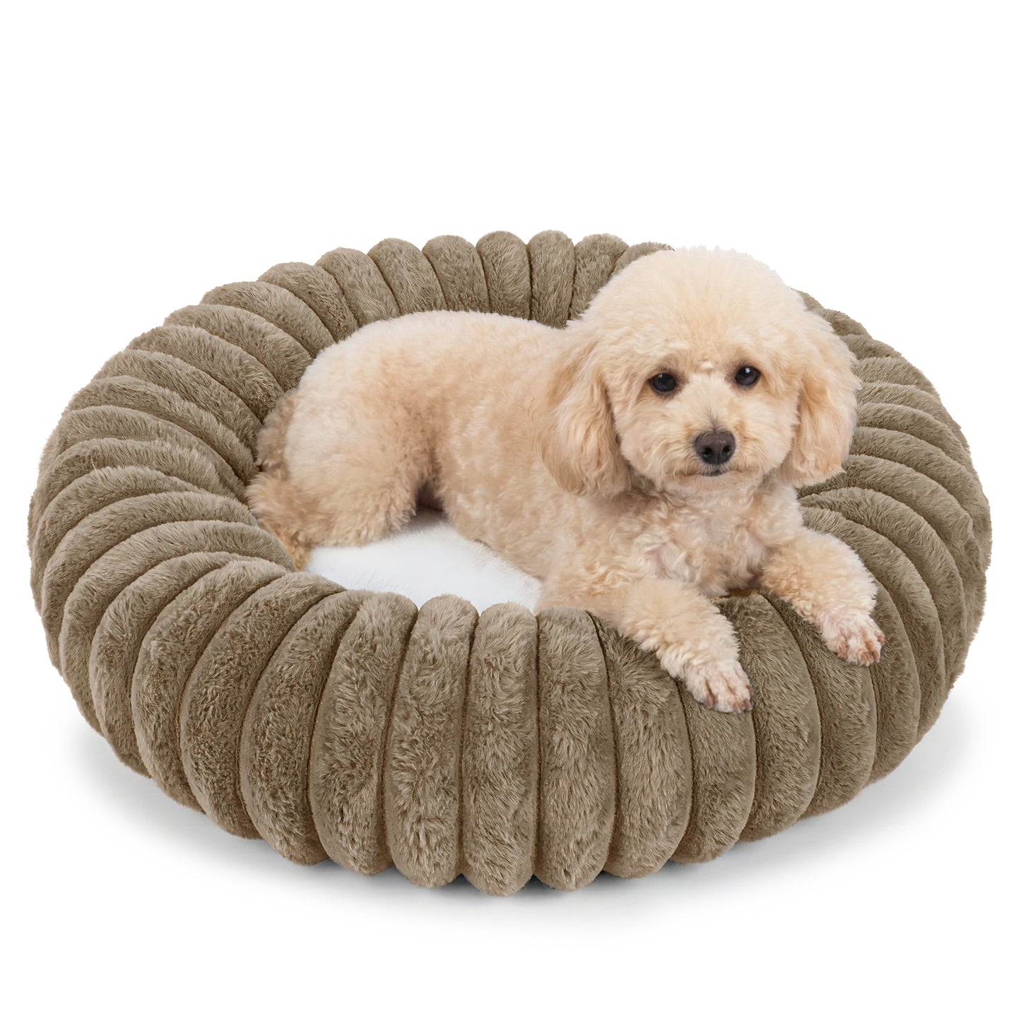 Exclusivo Mezcla Calming Donut Dog Bed, 24 inches Cozy Fluffy Faux Rabbit Fur Round Pet Bed, Machine Washable, Khaki