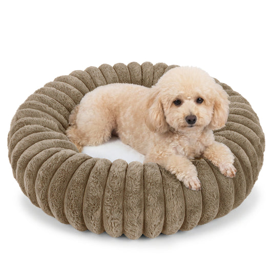 Exclusivo Mezcla Calming Donut Dog Bed, 24 inches Cozy Fluffy Faux Rabbit Fur Round Pet Bed, Machine Washable, Khaki