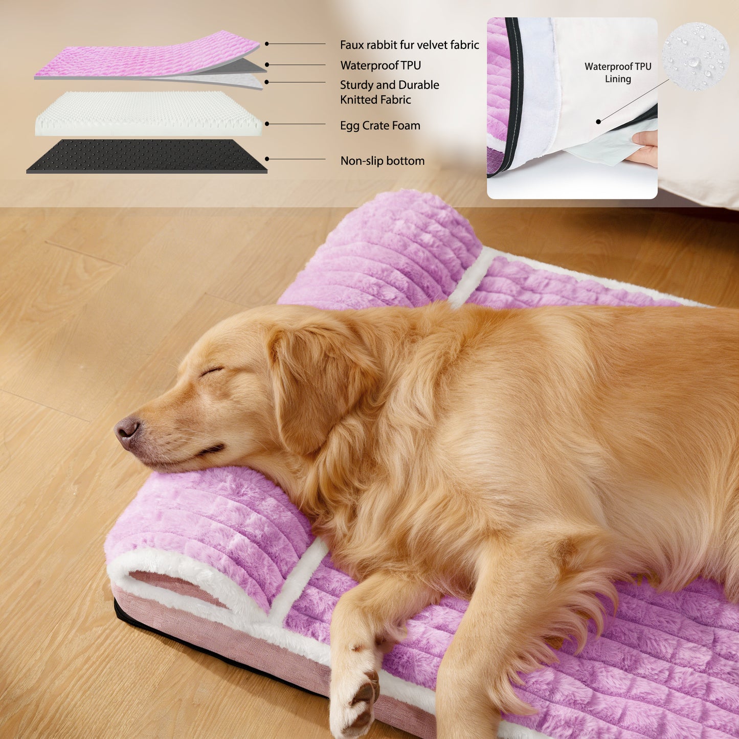 Exclusivo Mezcla Orthopedic Dog Bed with Head Pillow for Extra Large Dogs, Removable and Machine-Washable Cover, 56"X40", Purple