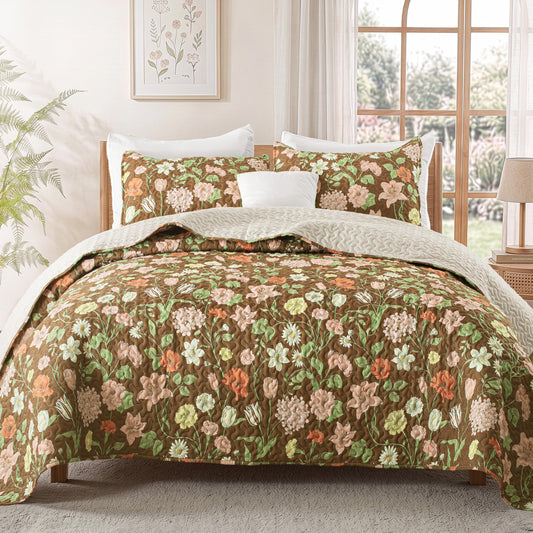 Exclusivo Mezcla Floral California King Size Quilt Bedding Set, Brown Cal King Quilt with Spring Botanical Pattern, Reversible Lightweight Bedspreads Coverlets Bed Cover for All Seasons (112"x104")