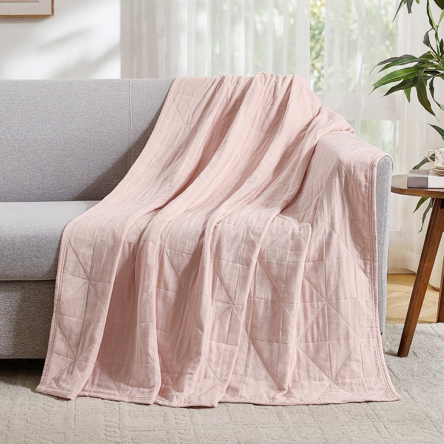 Exclusivo Mezcla 100% Cotton 4 Layers Muslin Throw Blanket for Couch, Moisture-wicking and Breathable Gauze Blanket with Geometric Pattern for Year Round Comfort, 50"x60", Pink