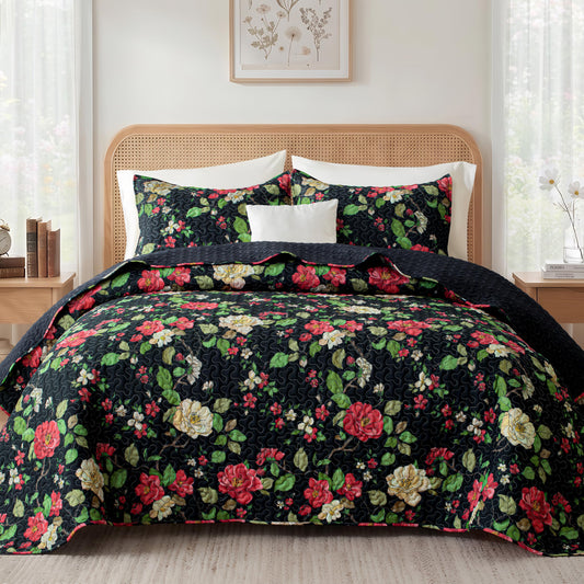 Exclusivo Mezcla Floral Quilts Queen Size, Black Queen Quilt Bedding Set with Red Vintage Flower Pattern, Reversible Lightweight Spring Bedspreads Coverlets Bed Cover for All Seasons (92"x96")