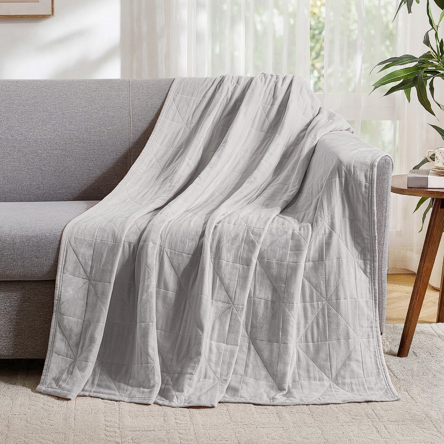 Exclusivo Mezcla 100% Cotton 4 Layers Muslin Throw Blanket for Couch, Moisture-wicking and Breathable Gauze Blanket with Geometric Pattern for Year Round Comfort, 50"x60", Light Grey