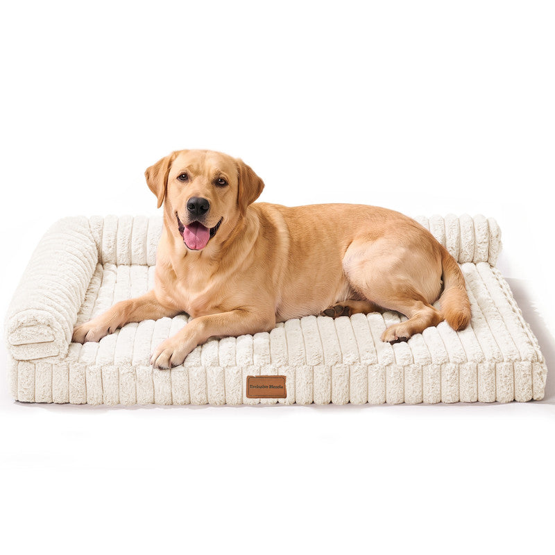 Exclusivo Mezcla L-Shaped Couch Washable Orthopedic Pet Bed 42"x28", Fluffy Sleeping Couch Pet Bed for Large Dog, Ivory