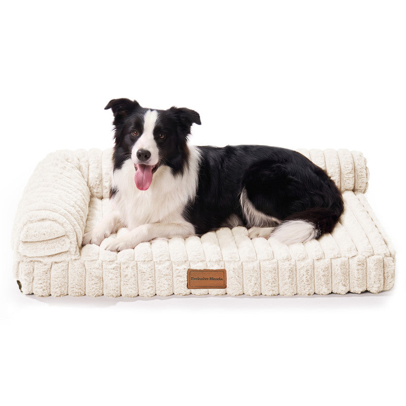 Exclusivo Mezcla L-Shaped Couch Washable Orthopedic Pet Bed 30"x20", Fluffy Sleeping Couch Pet Bed for Small Dog, Ivory
