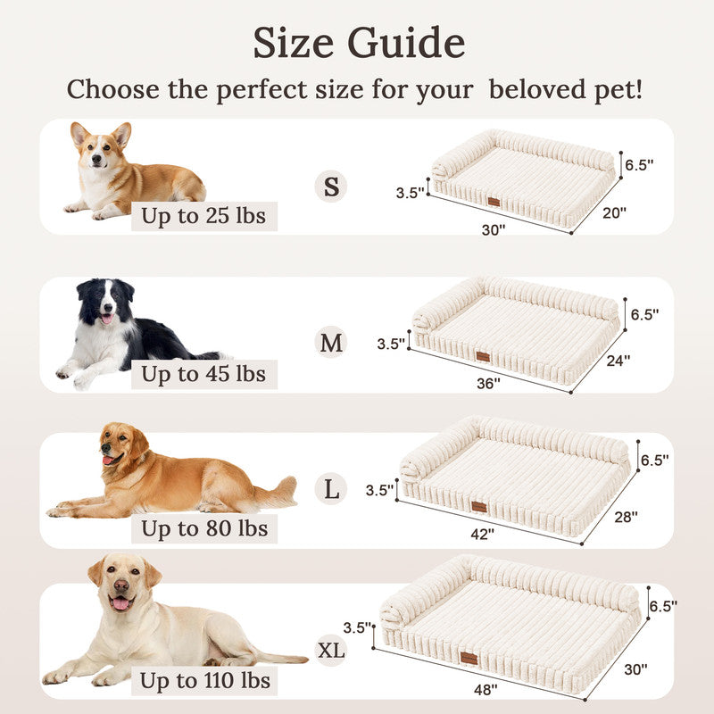 Exclusivo Mezcla L-Shaped Couch Washable Orthopedic Pet Bed 42"x28", Fluffy Sleeping Couch Pet Bed for Large Dog, Ivory