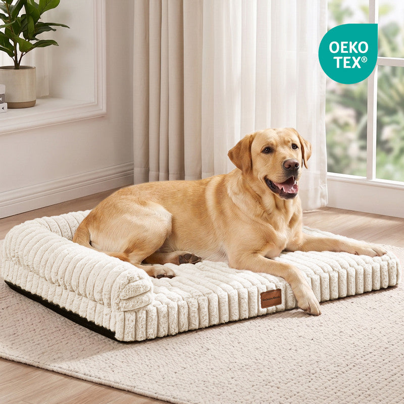 Exclusivo Mezcla L-Shaped Couch Washable Orthopedic Pet Bed 36"x24", Fluffy Sleeping Couch Pet Bed for Medium Dog, Ivory