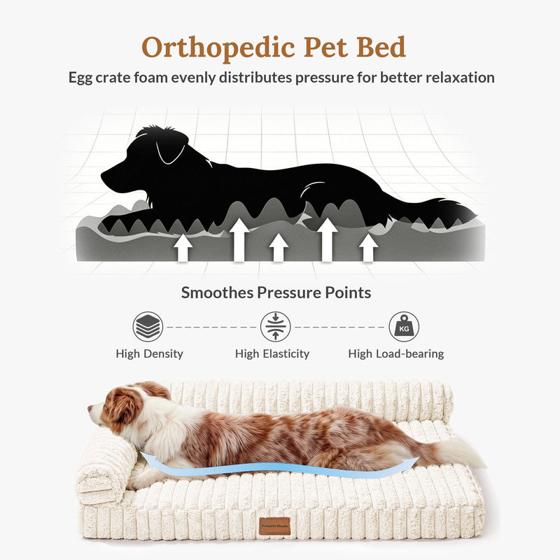 Exclusivo Mezcla L-Shaped Couch Washable Orthopedic Pet Bed 42"x28", Fluffy Sleeping Couch Pet Bed for Large Dog, Ivory