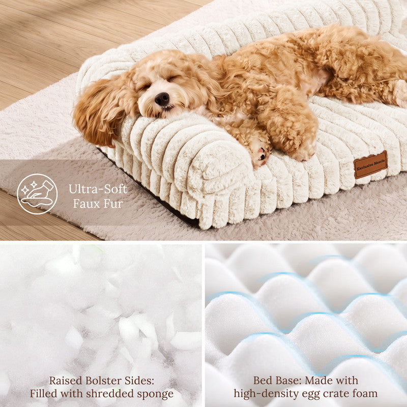 Exclusivo Mezcla L-Shaped Couch Washable Orthopedic Pet Bed 30"x20", Fluffy Sleeping Couch Pet Bed for Small Dog, Ivory