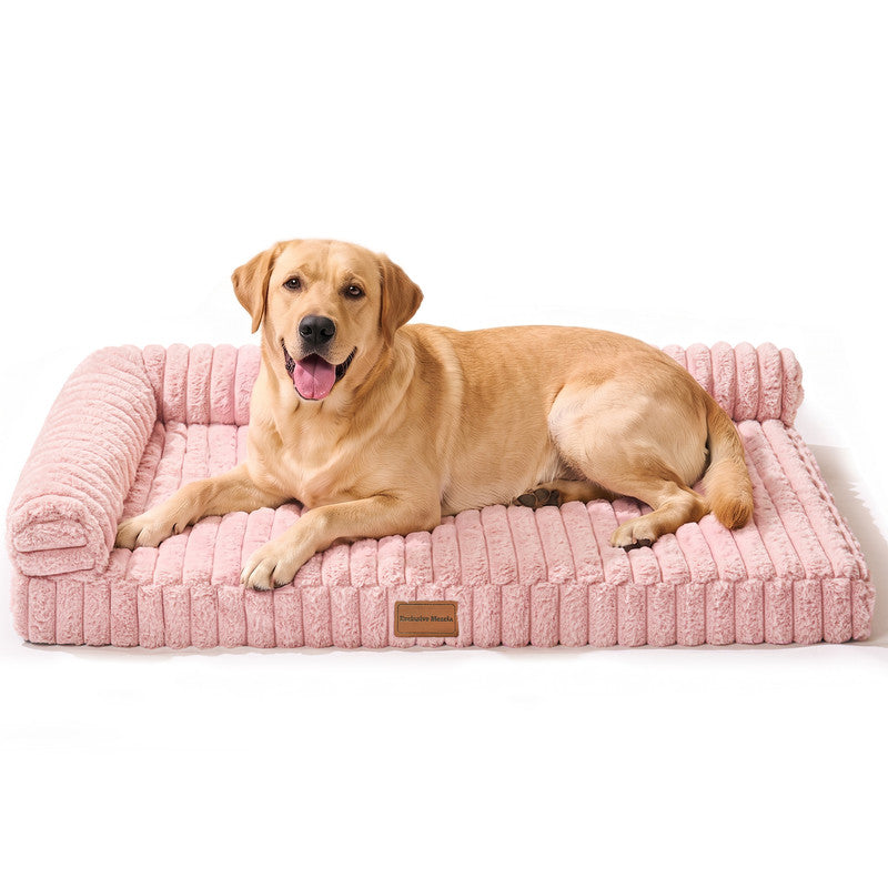 Exclusivo Mezcla L-Shaped Couch Washable Orthopedic Pet Bed 42"x28", Fluffy Sleeping Couch Pet Bed for Large Dog, Pink