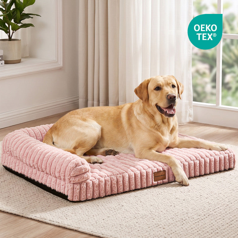 Exclusivo Mezcla L-Shaped Couch Washable Orthopedic Pet Bed 48"x30", Fluffy Sleeping Couch Pet Bed for Large Dog, Pink