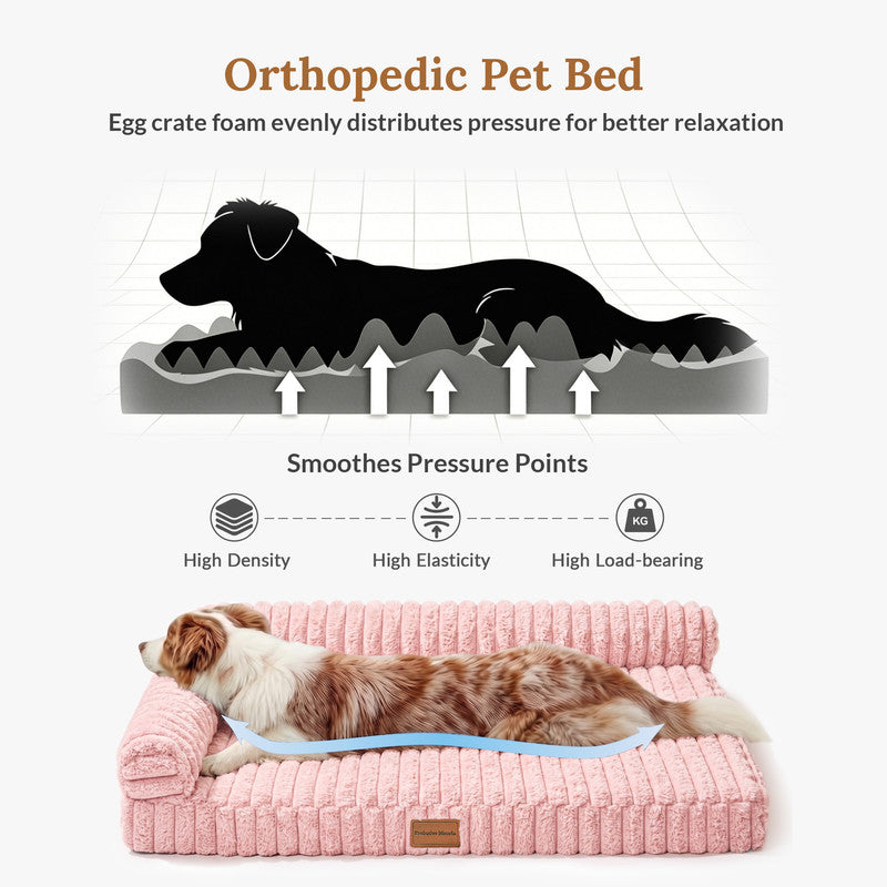 Exclusivo Mezcla L-Shaped Couch Washable Orthopedic Pet Bed 36"x24", Fluffy Sleeping Couch Pet Bed for Medium Dog, Pink