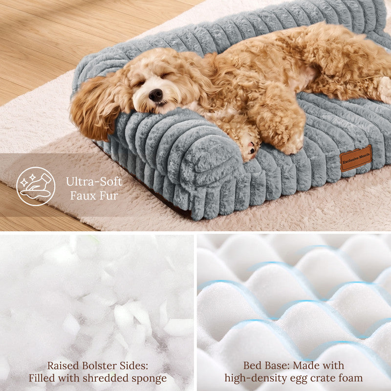 Exclusivo Mezcla L-Shaped Couch Washable Orthopedic Pet Bed 30"x20", Fluffy Sleeping Couch Pet Bed for Small Dog, Sage Grey