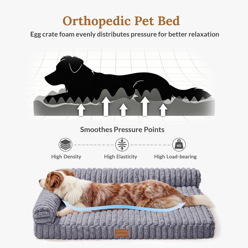 Exclusivo Mezcla L-Shaped Couch Washable Orthopedic Pet Bed 30"x20", Fluffy Sleeping Couch Pet Bed for Small Dog, Grey
