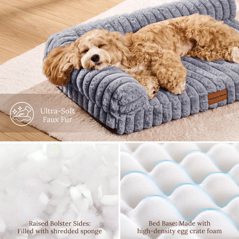 Exclusivo Mezcla L-Shaped Couch Washable Orthopedic Pet Bed 48"x30", Fluffy Sleeping Couch Pet Bed for Large Dog, Grey