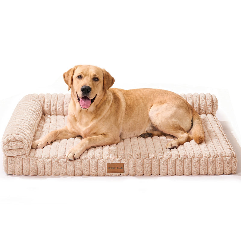 Exclusivo Mezcla L-Shaped Couch Washable Orthopedic Pet Bed 42"x28", Fluffy Sleeping Couch Pet Bed for Large Dog, Beige