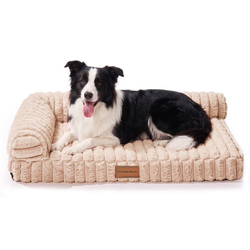 Exclusivo Mezcla L-Shaped Couch Washable Orthopedic Pet Bed 30"x20", Fluffy Sleeping Couch Pet Bed for Small Dog, Beige