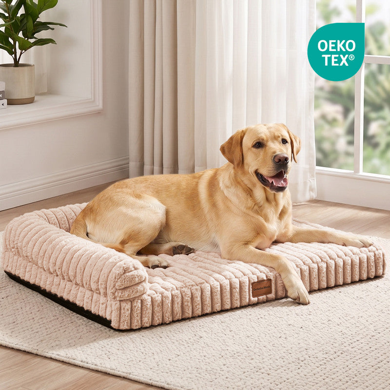 Exclusivo Mezcla L-Shaped Couch Washable Orthopedic Pet Bed 30"x20", Fluffy Sleeping Couch Pet Bed for Small Dog, Beige