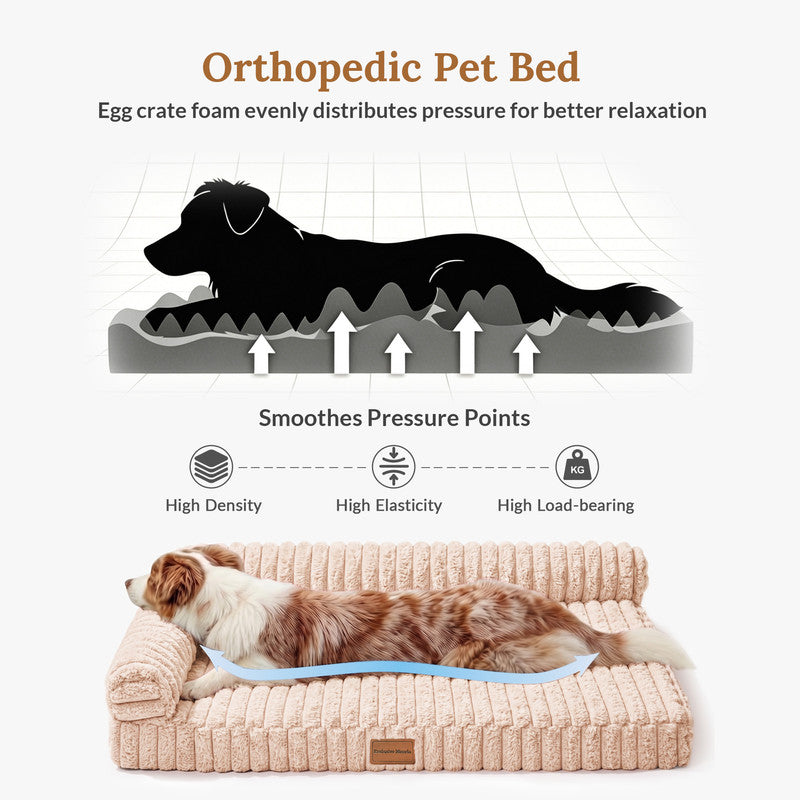 Exclusivo Mezcla L-Shaped Couch Washable Orthopedic Pet Bed 42"x28", Fluffy Sleeping Couch Pet Bed for Large Dog, Beige