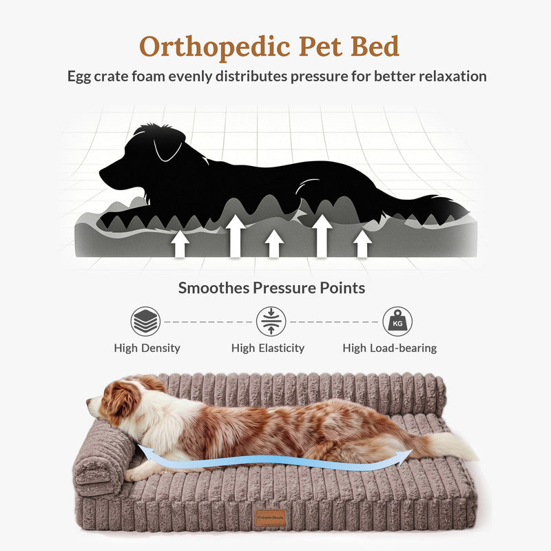 Exclusivo Mezcla L-Shaped Couch Washable Orthopedic Pet Bed 30"x20", Fluffy Sleeping Couch Pet Bed for Small Dog, Brown