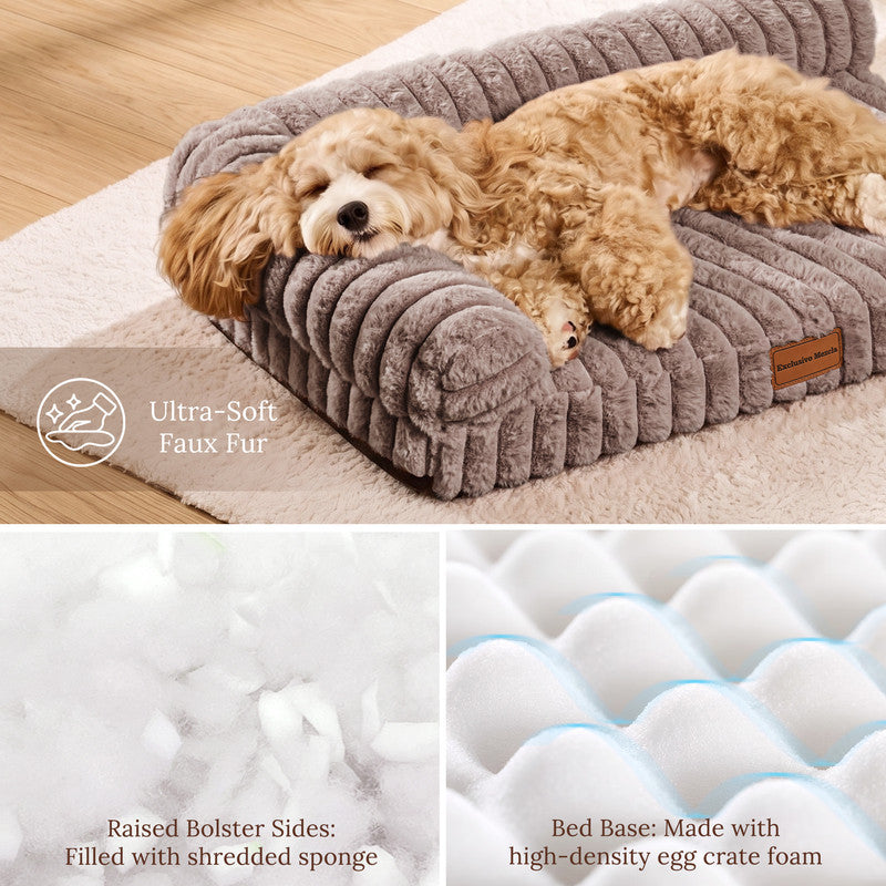 Exclusivo Mezcla L-Shaped Couch Washable Orthopedic Pet Bed 48"x30", Fluffy Sleeping Couch Pet Bed for Large Dog, Brown