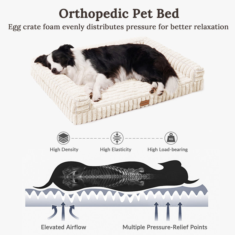 Exclusivo Mezcla Orthopedic Sofa Dog Bed with Washable Removable Cover 36"x24", Non-slip Bottom Pet Bed with Sides for Medium Dogs, Ivory