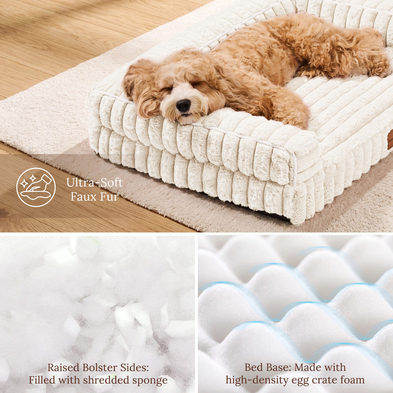 Exclusivo Mezcla Orthopedic Sofa Dog Bed with Washable Removable Cover 30"x20", Non-slip Bottom Pet Bed with Sides for Small Dogs, Ivory