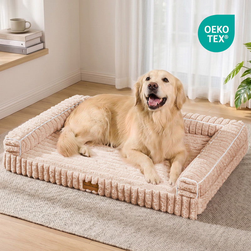 Exclusivo Mezcla Orthopedic Sofa Dog Bed with Washable Removable Cover 48"x30", Non-slip Bottom Pet Bed with Sides for Large Dogs, Beige