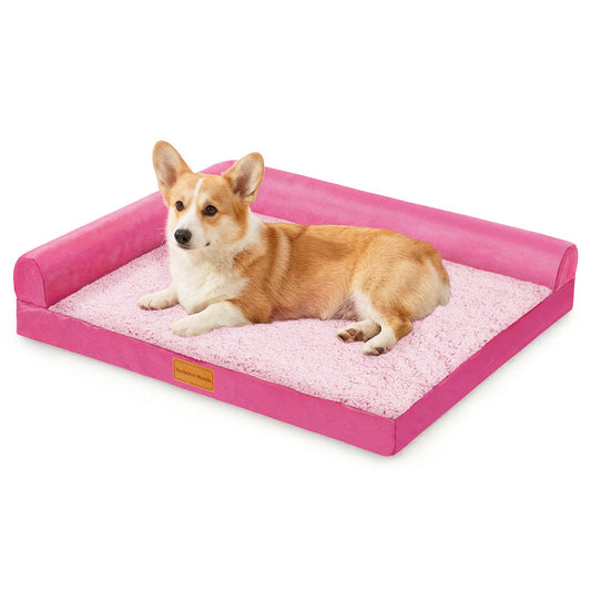 Exclusivo Mezcla L-shaped Pet Couch Bed with Removable and Washable Cover, Orthopedic Dog Bed for Small Dogs with Non-Slip Bottom, 30"X20", Pink